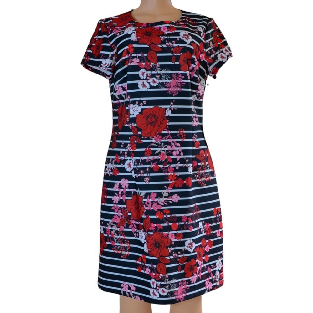 Adrianna Papell NWT Floral & Stripe Dress — Red / Pink / White on Black, Size 12